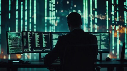 Fototapeta premium A figure sits before multiple computer screens displaying cascading green code, creating a high-tech atmosphere in a dimly lit environment.