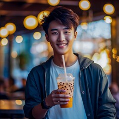 young, white, asian man in casual outfit holding bubble tea, vibrant bokeh background