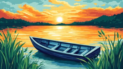 Obraz premium Serene Sunset over Calm Lake with Wooden Boat