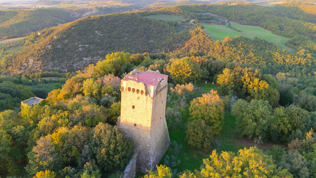 Monticchiello, Tuscany, Italy. Aerial drone view.