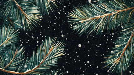Fototapeta premium Bright Green Pine Needles Gracefully Contrast With Dark Surroundings While Gentle Snowflakes Fall During a Tranquil Winter Day