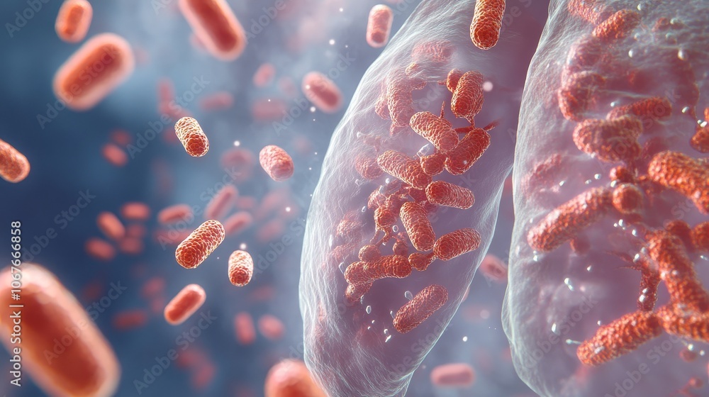 Poster an intricate portrayal of bacterial cells within a fluid manner, emphasizing the interaction and dyn