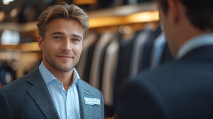Consultant in a formal attire offering style advice to a client in a tailored clothing store