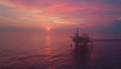 Obraz premium Offshore oil and gas jackup platform in the ocean during beautiful colourful sunset