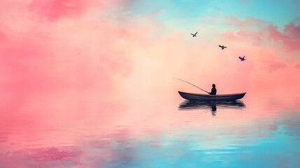 A serene scene of a person fishing in a tranquil lake under a colorful sky.