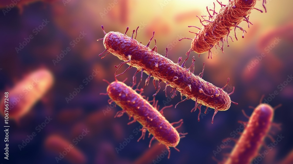 Poster red bacteria with visible flagella under a microscope, this image highlights the detailed structure 