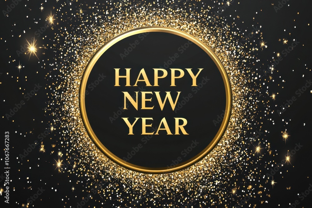 Poster a golden circular frame with glitter and sparkles on it, centered in the middle of a black backgroun