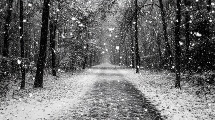 Serene Winter Pathway Through Falling Snow