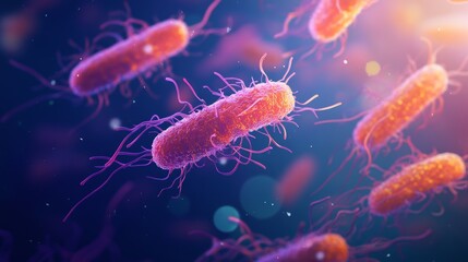 Obraz premium Detailed pink bacteria with protrusions, appearing in a magnified and illuminated digital environment, highlighting unique structures, textures, and a sense of motion.