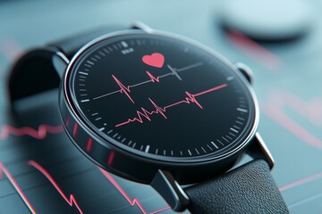 Digital watch with heart rate monitor app showing vital signs at home during a health check