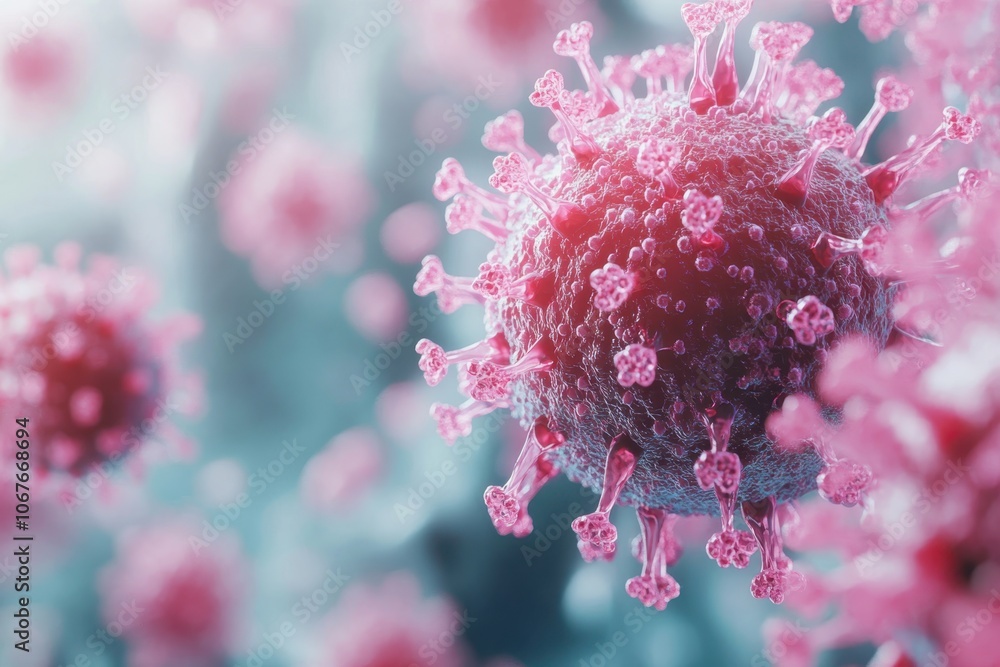 Poster close-up view of a virus on a blue background showing intricate details and structures