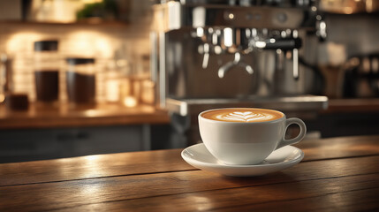 A Cup Of Cappuccino With Beautiful Latte Art: A Perfectly Crafted Milk Pattern On The Coffee, Resting On A Wooden Table In A Modern Cafe Setting