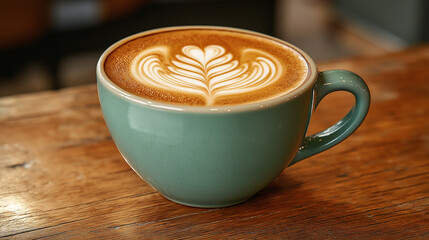 A Cup Of Cappuccino With Beautiful Latte Art: A Perfectly Crafted Milk Pattern On The Coffee, Resting On A Wooden Table In A Modern Cafe Setting