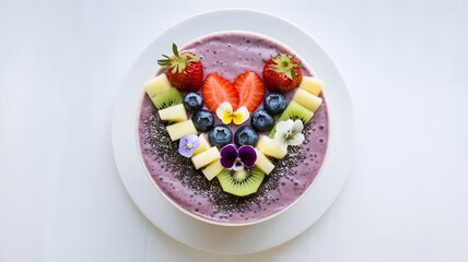 Purple smoothie bowl with heart-shaped strawberry and blueberry toppings