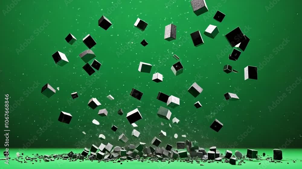 Poster black cubes are exploding and scattering in many pieces on a solid green screen background, perfect 