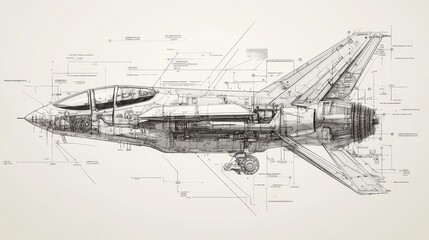 Detailed technical sketch of a military aircraft, showcasing an array of mechanical components and precise measurements, highlighting engineering precision and aerodynamics.