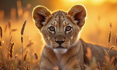 Lion cub intense gaze golden eyes tall grass