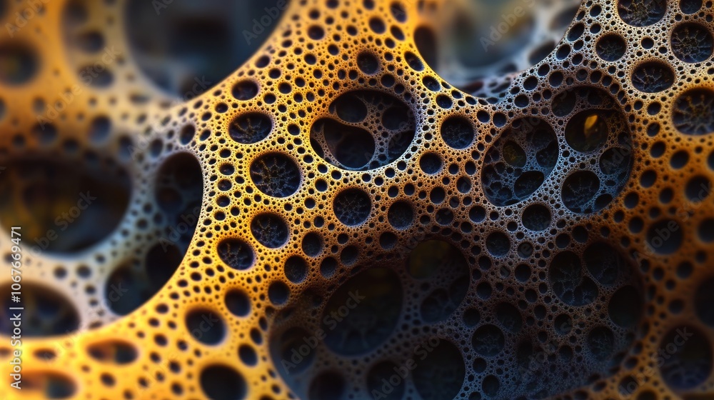 Poster an abstract image showcasing complex porous structures resembling organic or cellular formations in 