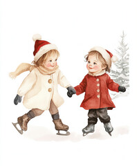 Watercolor Victorian Christmas Fir Tree, Children Playing, Lush Christmas Girl with Baby, New Year, Winter Holiday, Holiday, New Year Toys, Noel, Angel Child, Nutcracker, Poinsettia, Bouquet, Showcase