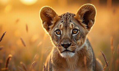 Obraz premium Lion cub intense gaze golden eyes tall grass
