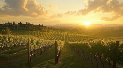 Fototapeta premium Golden Sunset Over Serene Vineyard Landscape