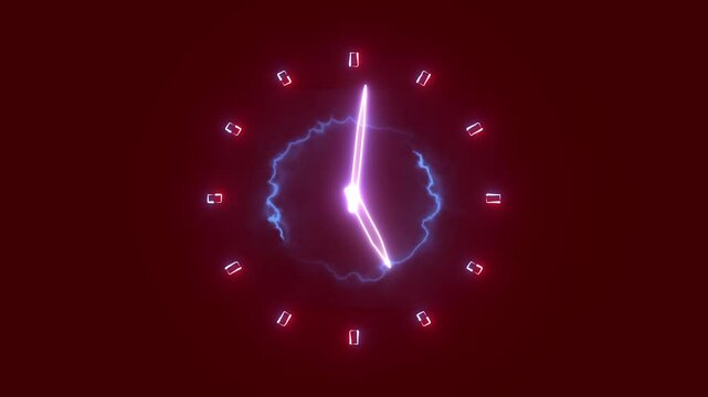 Neon red and blue analog clock icon 4k animation, on dep red screen sebar effect.