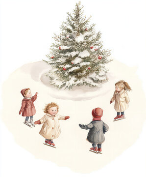 Watercolor Victorian Christmas Fir Tree, Children Playing, Lush Christmas Girl with Baby, New Year, Winter Holiday, Holiday, New Year Toys, Noel, Angel Child, Nutcracker, Poinsettia, Bouquet, Showcase