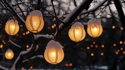 Obraz premium Snowy Lanterns Glowing in Winter Twilight