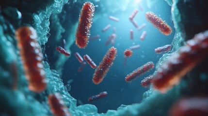 Fototapeta premium Illuminated microscopic organisms are shown in a striking blue setting, highlighting unseen biological interactions in a captivating and expressive digital artwork.