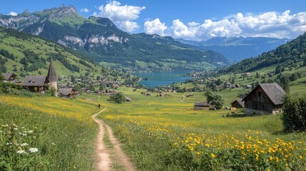 Obraz premium Scenic landscape with mountains, a lake, and a quaint village in the foreground.