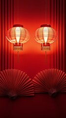 Traditional red lanterns and fans illuminate a vibrant wall, creating a festive atmosphere