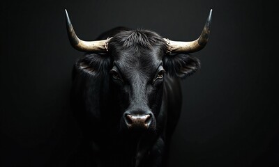 Naklejka premium Black bull portrait dramatic lighting dark background
