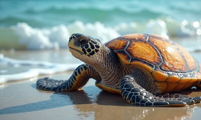 Fototapeta premium Sea turtle close up beach shoreline ocean waves