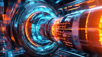 An advanced, high-speed rotating mechanism with vibrant blue and red highlights, symbolizing speed, precision, and cutting-edge technology in machinery.