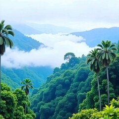A tropical rainforest that is lush and green with tall trees and dense foliage, and is surrounded by mist and fog against a cloudy sky