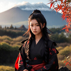 samurai woman in kimono in natural environment
