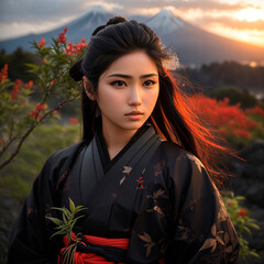 samurai woman in kimono in natural environment