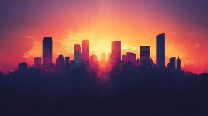 Fototapeta premium A dramatic city skyline set against a fiery sunset with intense colors, presenting a stunning visual of urbanism blended with nature's grandeur.