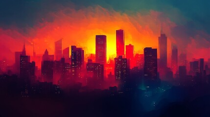 Fototapeta premium A stunning cityscape at sunset with skyscrapers silhouetted against the vivid orange and red sky, creating a dramatic and vibrant urban atmosphere.