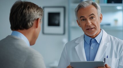 Obraz premium A doctor in a white coat holding a digital tablet, speaking to a patient in a modern medical office