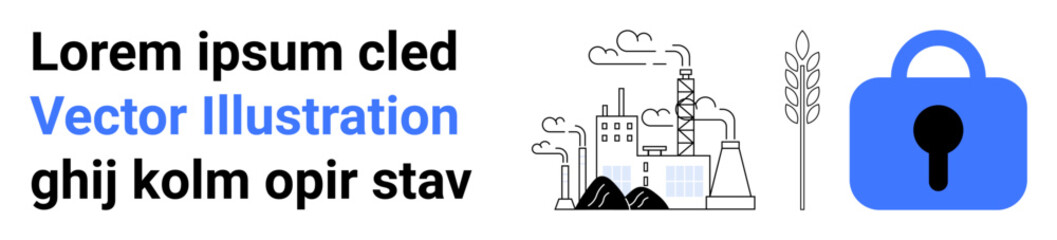Industrial plant with smoke, agricultural icon, and blue security lock symbolize sustainability, production, and security. Ideal for industry, agriculture, security, environmental impact, business