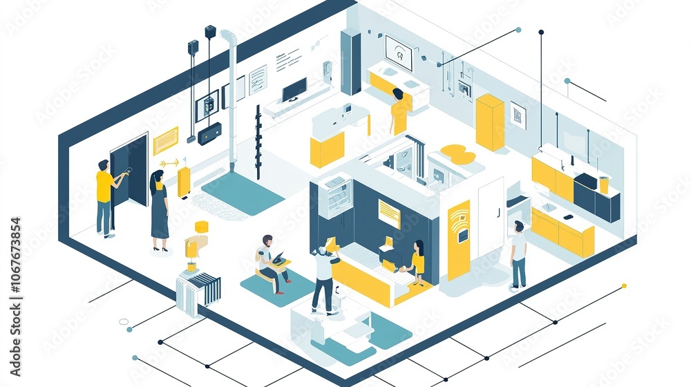 Poster a vibrant illustration of a modern workspace, featuring various professionals engaged in different t