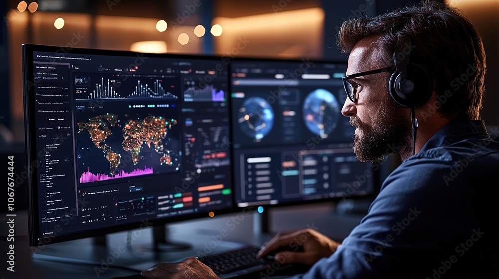 Poster a focused professional analyzes data on dual monitors, showcasing vibrant graphs and global maps, hi