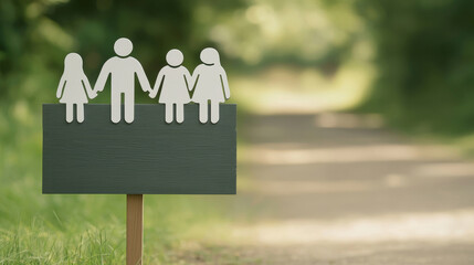 A wooden sign featuring simplistic figures holding hands, set along a serene path surrounded by greenery.