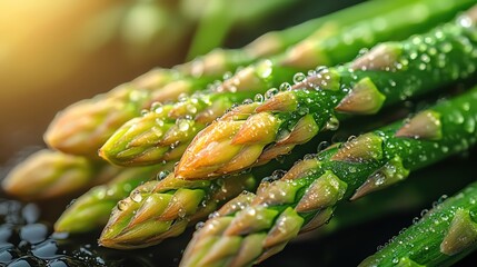 Asparagus tips with dew, macro, lush freshness, panoramic vitality
