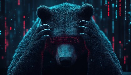 Bear with hands on head, digital stock data, cyberthemed backdrop