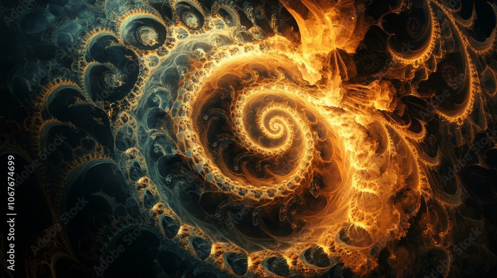 Poster a mesmerizing spiral fractal with vibrant fiery orange blending into cool blue, creating a dynamic v
