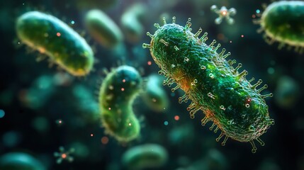 Fototapeta premium Closeup of green bacteria under a microscope, neon colors and floating particles in soft focus