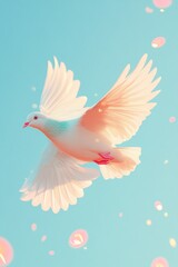 Fototapeta premium A captivating scene of a dove gracefully soaring across a deep blue sky, as the setting sun casts warm hues on the horizon, creating a tranquil and peaceful ambiance.