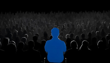 Obraz premium Blue silhouette of man sitting in monochrome crowd of people. Thinking different, being unique and free from social norms. Conceptual design. Concept of psychology, loneliness in society, difference